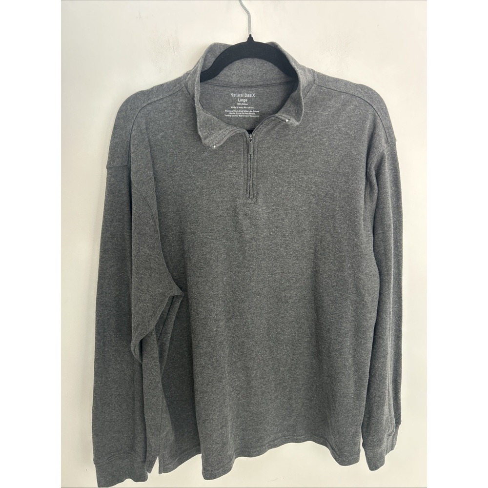 Natural Basix Men's Large Quarter Zip Long Sleeve Gray 100% Cotton Pullover‎